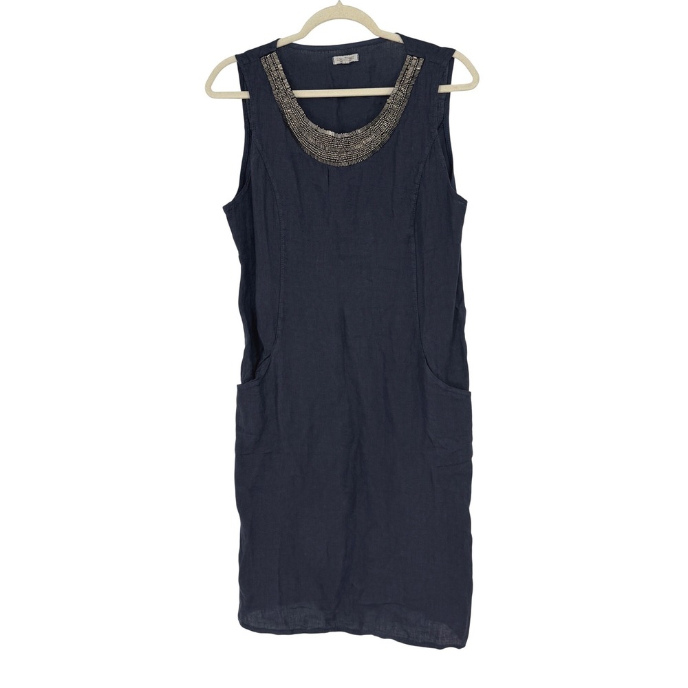 Lina‎ Tomei Italy Navy Blue Linen Beaded Neckline Shift Dress Womens Large